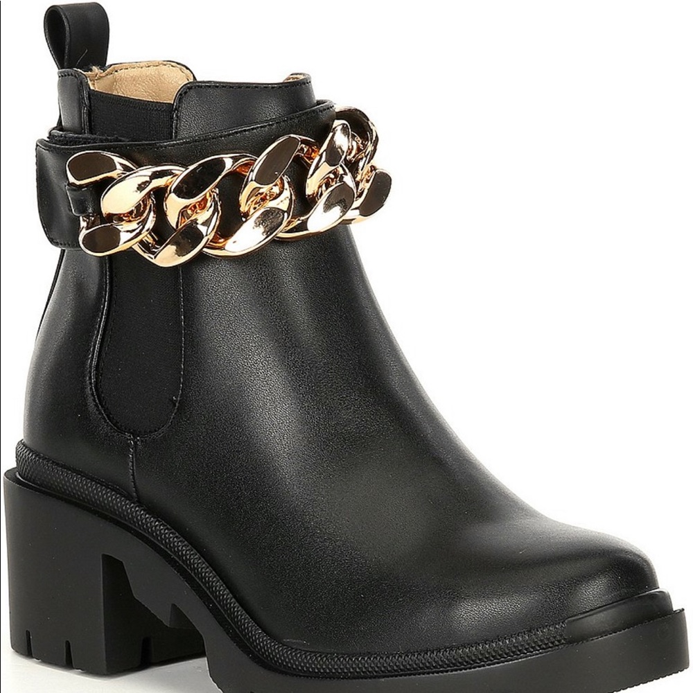 NEW REAL STEVE MADDEN Amulet-C Chain Detail Block Heel Chunky Lug Sole Booties